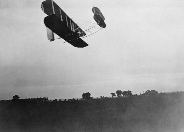 The 1905 Wright Flyer III in flight over Huffman Prairie, Ohio.