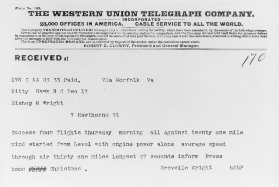 Western Union telegram sent by Orville Wright from Kitty Hawk on 17 December 1903.